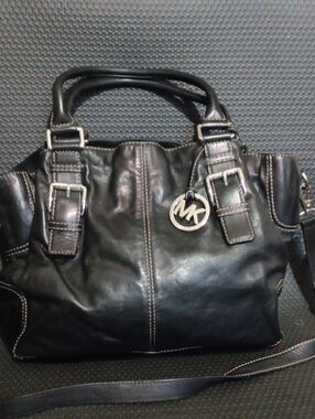 Michael Kors Black Leather Satchel with Signature MK Charm